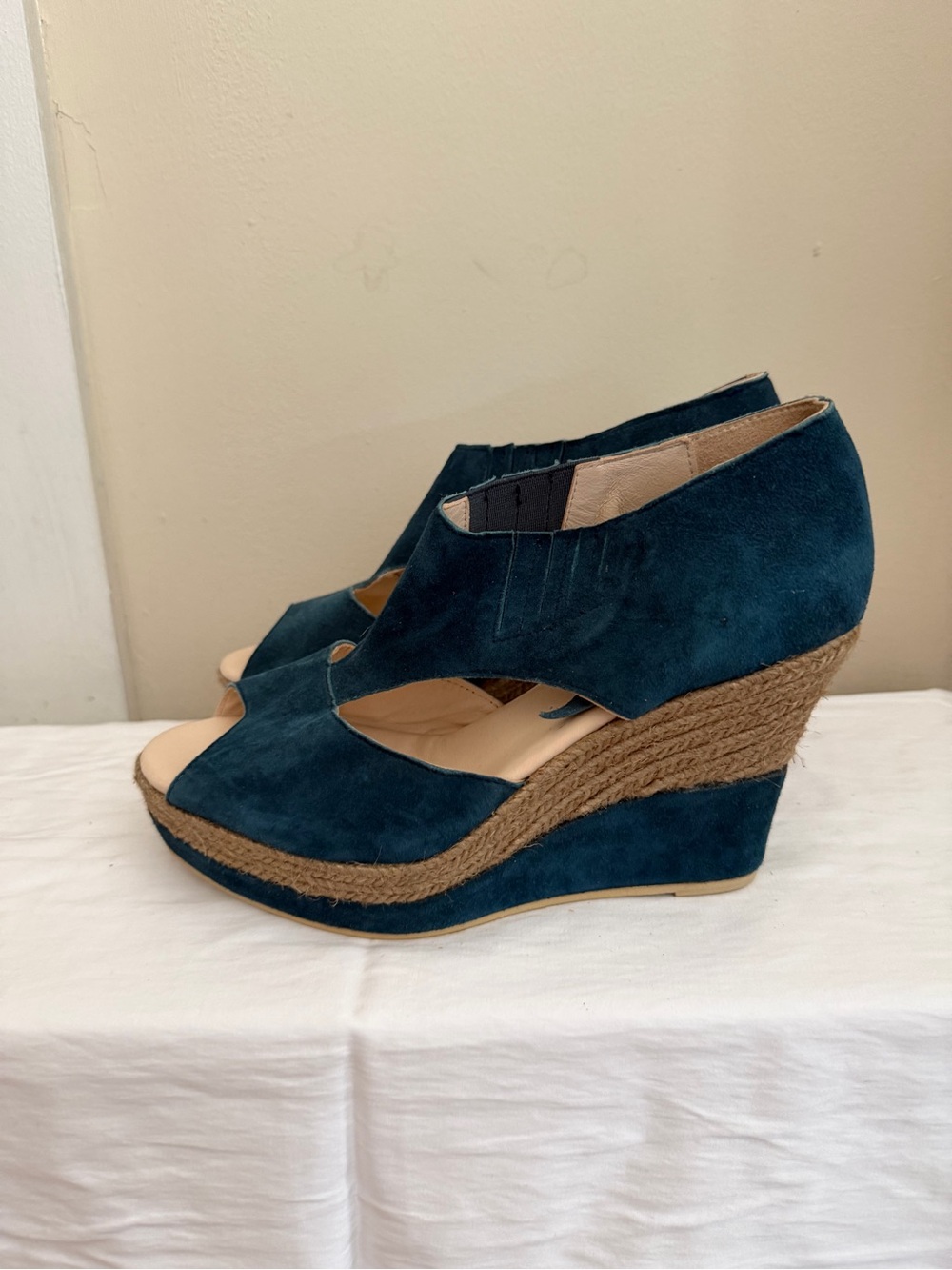 Anthropologie Teal Suede Open-Toe Wedge Sandals - Picture 2 of 4